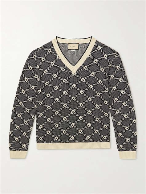 GG wool jacquard sweater in blue and ivory 